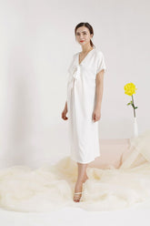 V-Neck Midi Silk Dress with Front Bow Detail